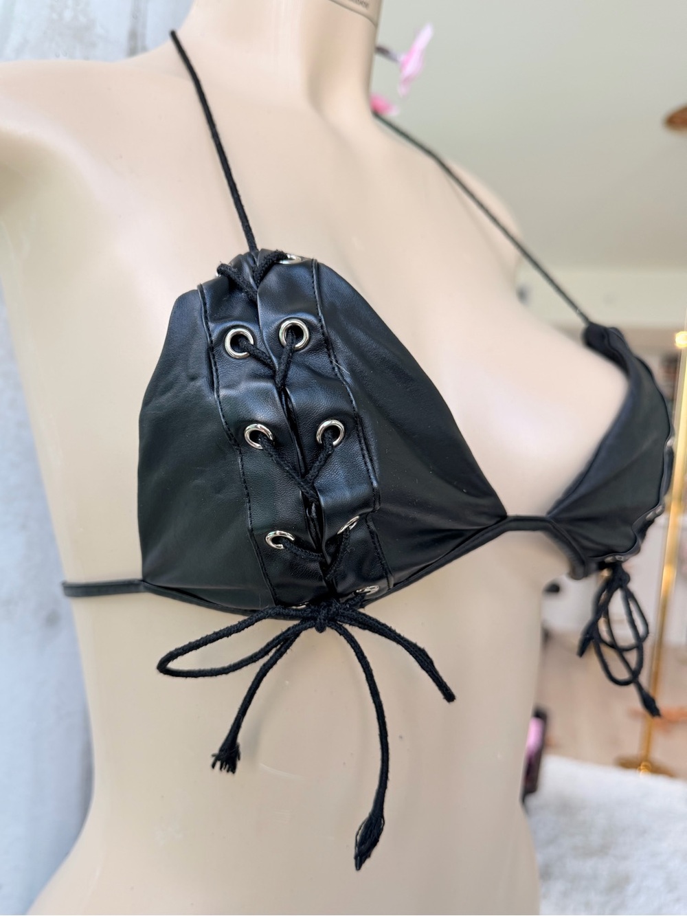 Black Lace-Up Faux Leather Triangle Bralette Festival Rave Wear Size Small